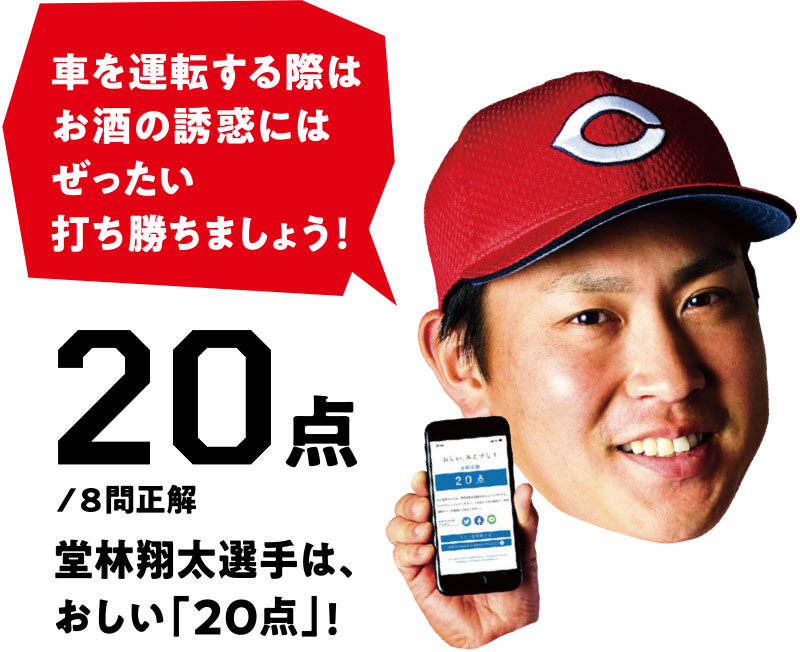 車を運転する際はお酒の誘惑にはぜったい打ち勝ちましょう! 20点/8問正解 堂林翔太選手は、おしい「20点」!