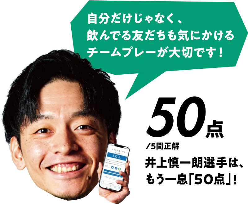 自分だけじゃなく、飲んでる友だちも気にかけるチームプレーが大切です! 50点/5問正解 井上慎一朗選手は、もう一息「50点」!