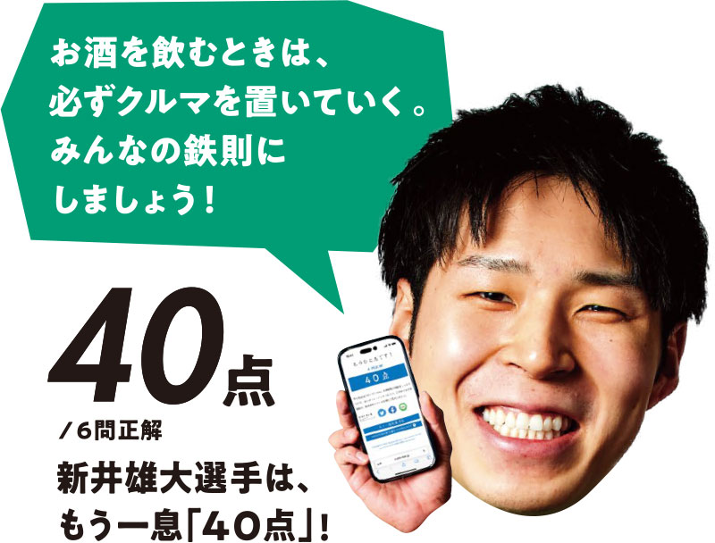 お酒を飲むときは、必ずクルマを置いていく。みんなの鉄則にしましょう! 40点/6問正解 新井雄大選手は、もう一息「40点」!